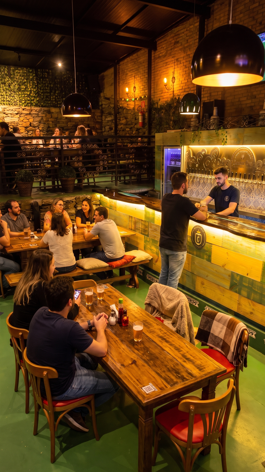 Mesas do pub entre paredes de pedra