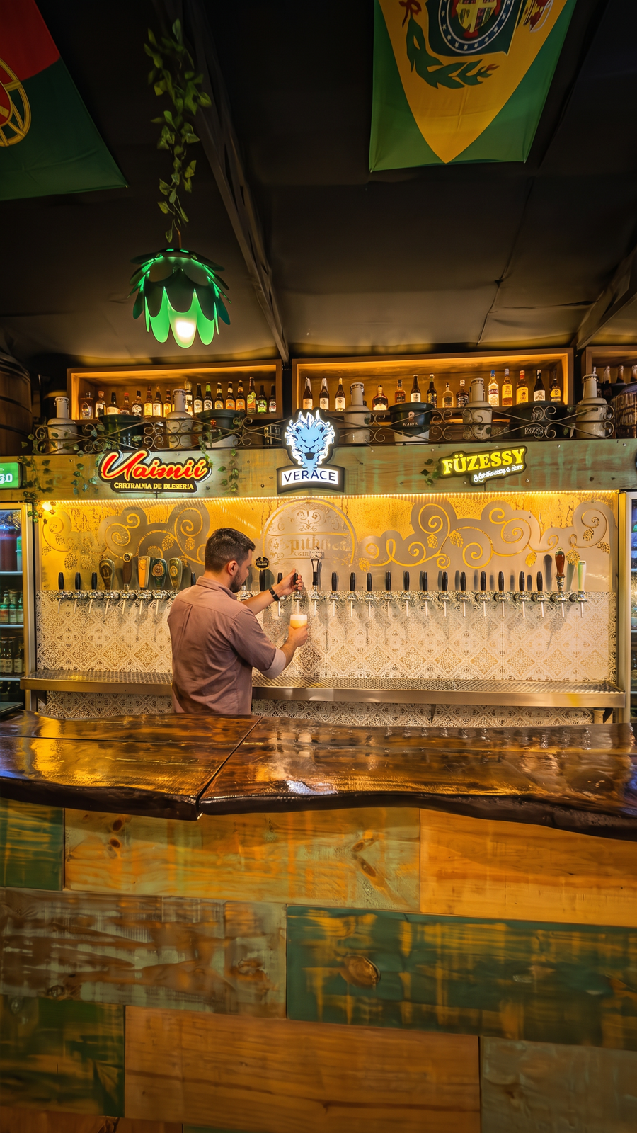 Parede com as 30 torneiras de chope da República Cervejeira